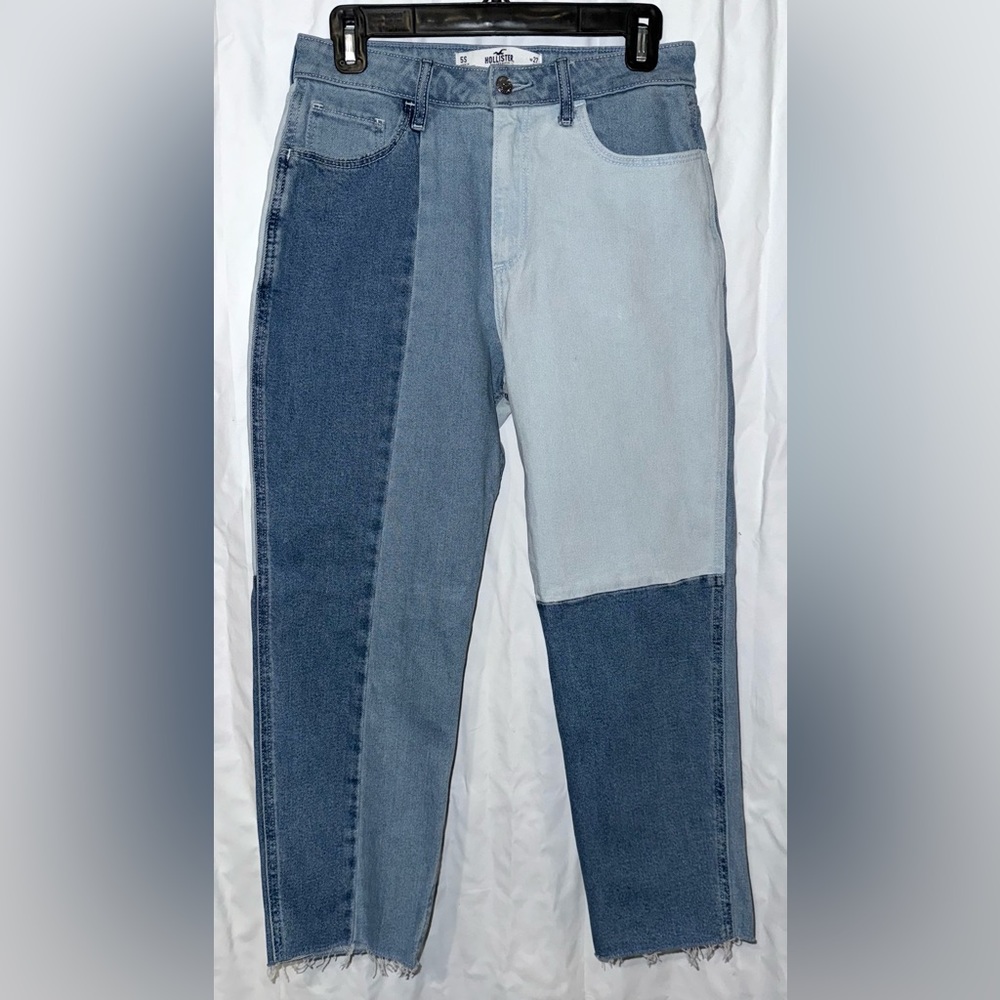 Y2K Hollister Curvy High-Rise Mom Jeans 5 Blue Denim Stretch Colorblock 27 x 25